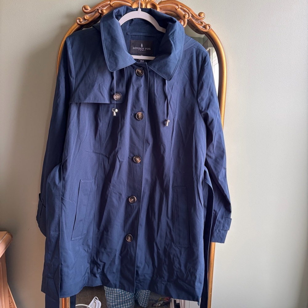 London Fog Blue dark teal hooded water repellent trench coat L